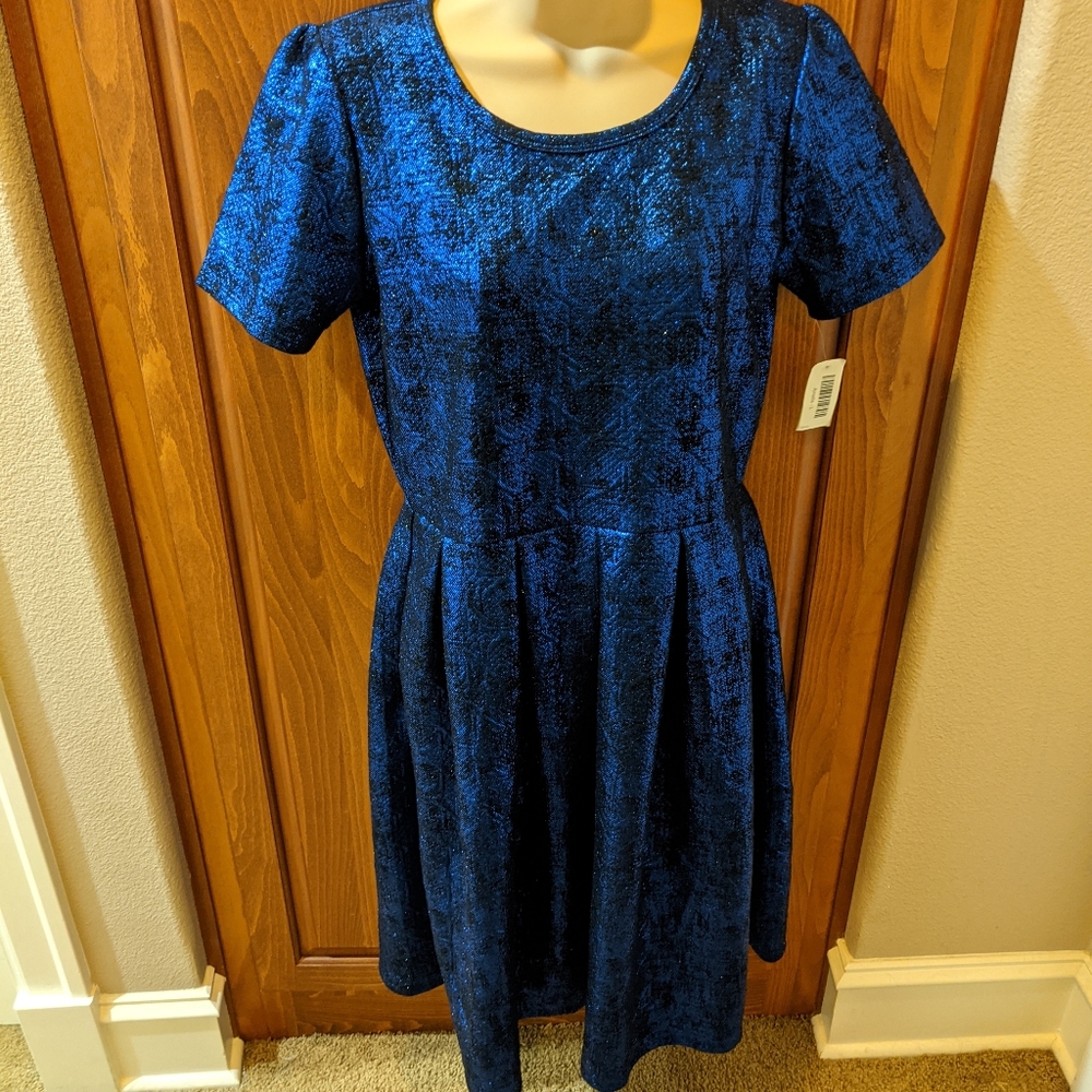 LuLaRoe Elegant Metallic Blue Amelia Dress NWT